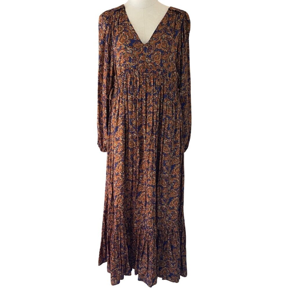 Sezane Womens Dress Size 38 Brown Ocher Evelyna Maxi Bohemian Paisley